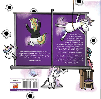Back cover of Look! There Are No Unicorns Inside Of This Book. A funny read aloud book for kids ages 4 to 8, by author Jimmy Vee.